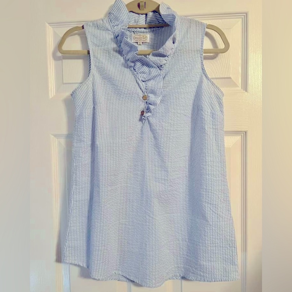 MudPie blue and white seersucker ruffle neck tunic